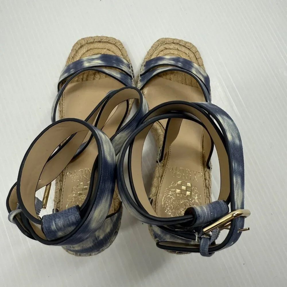 Vince Camuto Espadrille Wedge Sandals Blue Watercolor Leather Ankle Strap 6